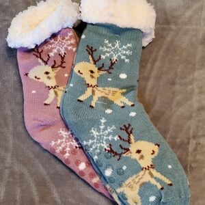 2 Pairs Of Festive Reindeer Slipper Socks with Snowflake Design - Sherpa